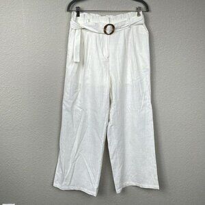 NWT Elodie Wide Leg Cotton Blend Paperbag Pant White Belted Sz L